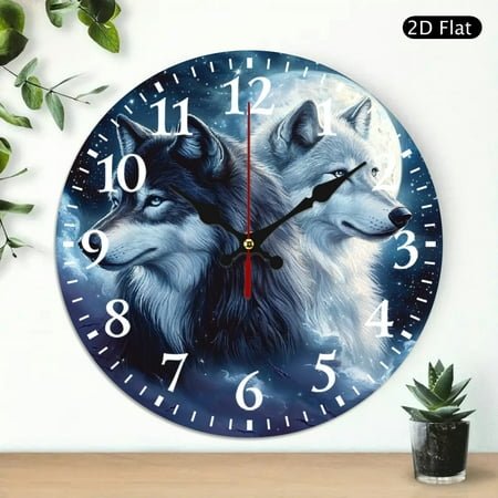 Wooden Wall Clock, wolves moon stars Print, Battery Operated (AA Not Included), Perfect for Living Room, Dorm, Bedroom, Kitchen, Home Office & More, Wall Clock Living Room