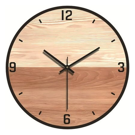 Wood Wall Clock,12inch Round Wooden Silent Wall Clock Wood Grain Retro with Digital Decoration