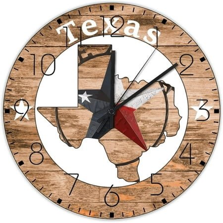 Wood Wall Clock Battery Operated Non Ticking Texas Lone Star Home Map Decorative Wall Clocks Barn Artworks Veteran's Day Home Decor for Fitness Room Bedroom Dining Room 15 Inch