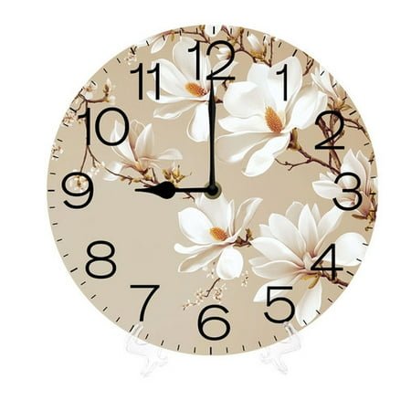 Wood Wall Clock Magnolia Flower Frameless Battery Operated Silent Quartz Alphabet Letters Shabby Chic Clock for Living Room Office Home Kitchen Bathroom 25 inch