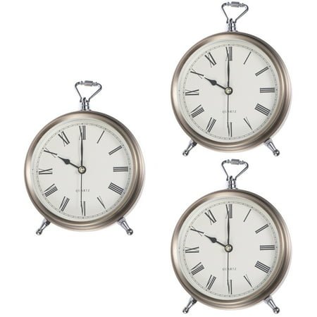 WORGEOUS 3pcs Metal Alarm Clock Roman Numerals Table Bedside Silent Alarm Clock without Battery