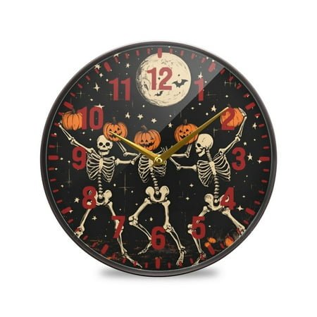 Yayeee Wall Clock Battery Operated 9.5 Silent Non-Ticking for Living Room, Black Halloween Dancing Skeleton
