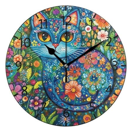 YAZAOO Decorative Wall Clock Size：25cm Floral Cat Dream Design Pattern Clock