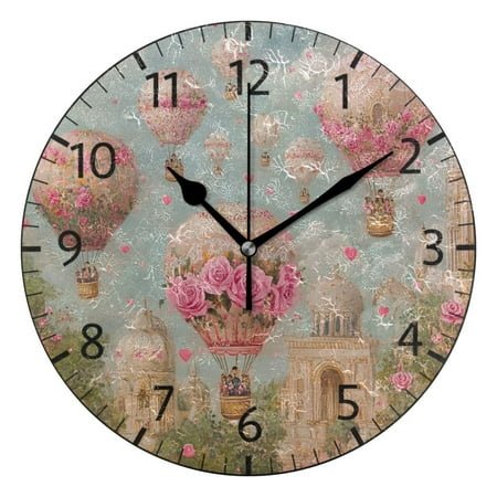 YAZAOO Decorative Wall Clock Size：25cm Hot Air Balloons with Roses Design Pattern Clock