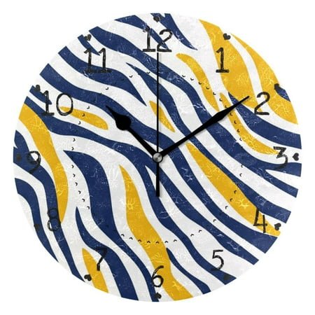 Yellow Blue Zabra Skin Stripes Round Wall Clock Silent Analog Battery Operated Black Pointer Home Decor 9.84 Diameter