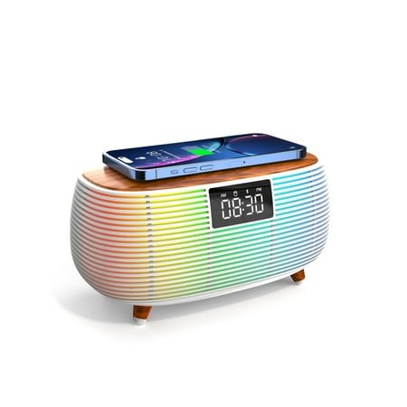 ZGAYERA Retro Wooden Bluetooth Speaker Alarm Clock with FM Radio, Fast Wireless Charging Station for iPhone/Samsung, Adjustable LED Night Light for Bedroom, Bedside,Office (White) C80