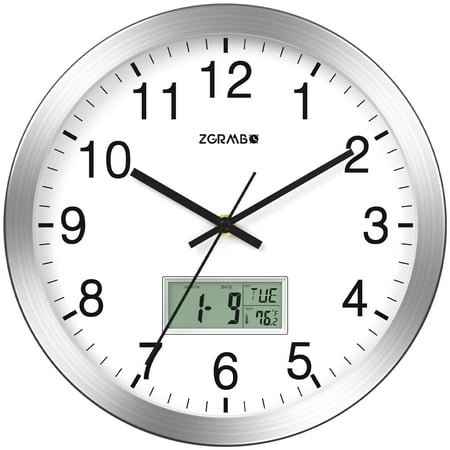 Zgrmbo 12 Atomic Analog Wall Clock with Digital Date, Week, Indoor Temp - Battery Operated Atomic Wall Clock, Auto Sets, DST, Silver Brushed Finish, Easy to Read, Style fits Any Decor (Silver) C80