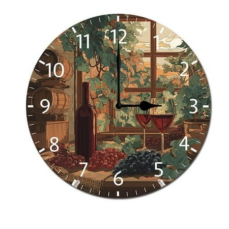 ZXCXRQFa Grapes Wine Glass Bottle 10 Retro Vintage Clock Non-Ticking Silent Wood Wall Clocks Battery Operated Decor Retro Design for Kitchen/Living Room/Bedroom/Farmhouse