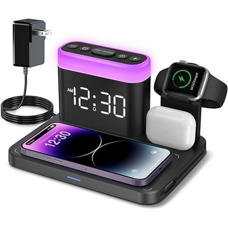 0829 Wireless Charging Station,5 in 1 Multiple Charger Stand with Alarm Clock,7 Night Light,Mag-Safe Charging Dock for iPhone 16 15 14 13 12 11 Plus,Apple Watch10/9/8/7,for Airpods,Bedrooms