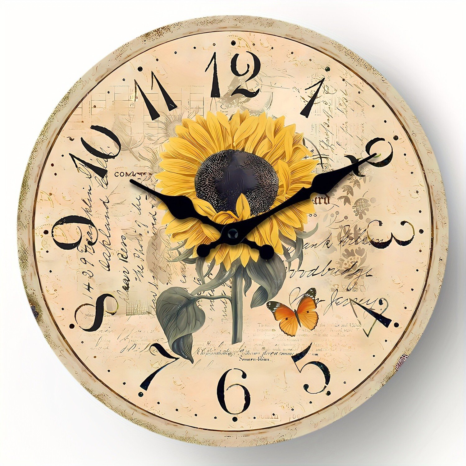 10 inch large yellow sunflower clock，wooden silent wall clock non ticking