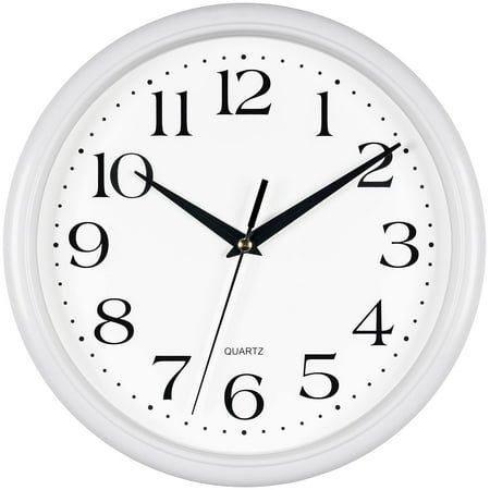10 Inch White Round Wall Clock Silent Sweep Movement Large Black Numbers Easy Read Home Office Kitchen Classroom School Quartz Battery Operated