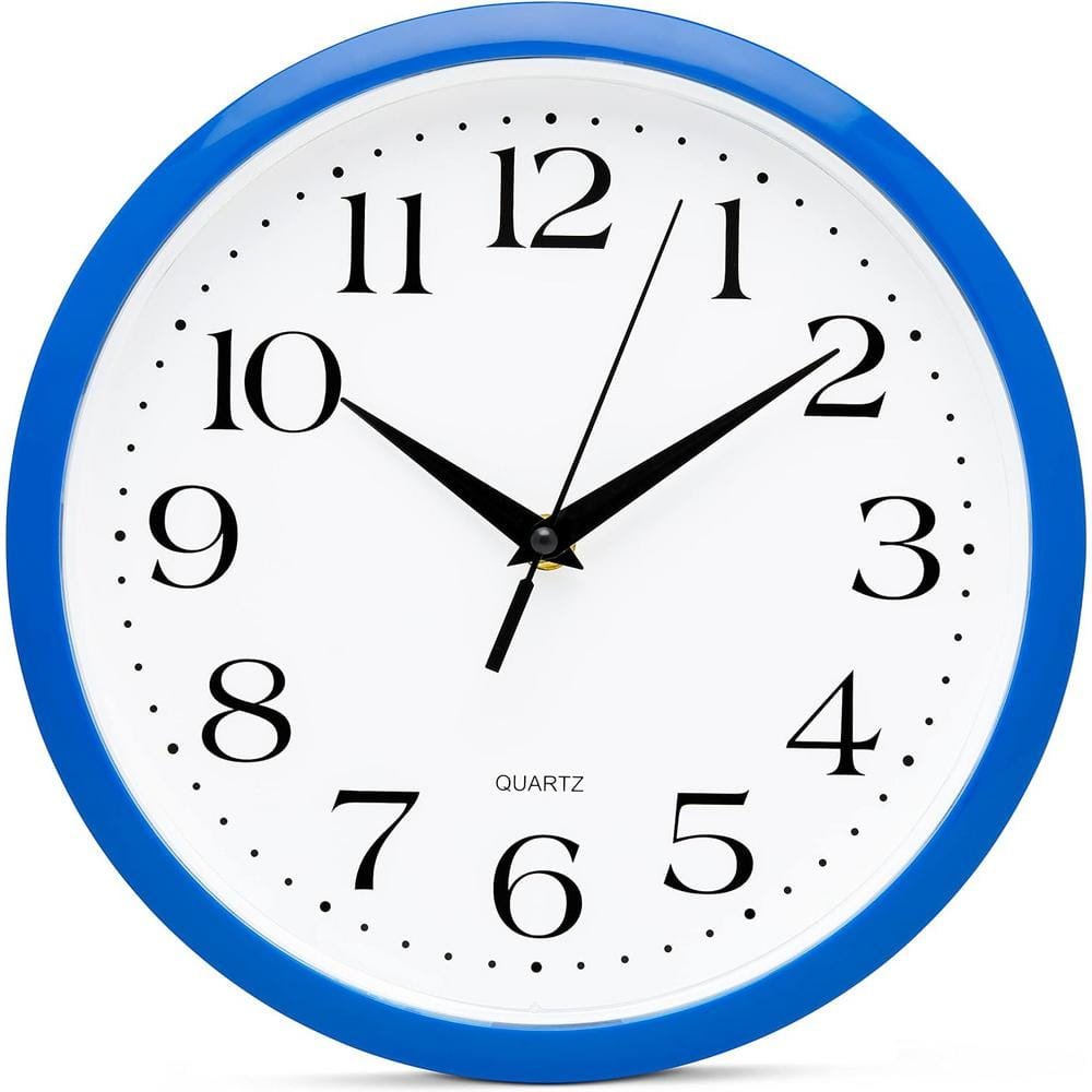 10 in. Round Blue Analog Plastic Frame Non Ticking Wall Clock Battery...