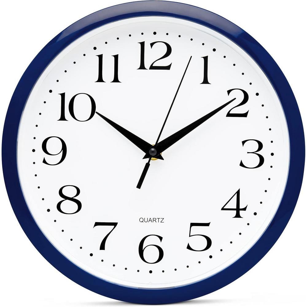 10 in. Round Navy Blue Analog Plastic Frame Non Ticking Wall Clock...