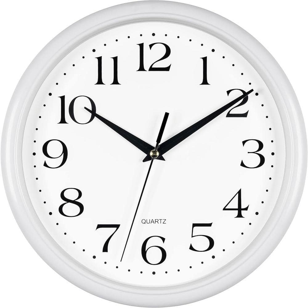 10 in. Round White Analog Plastic Frame Non Ticking Wall Clock Battery...