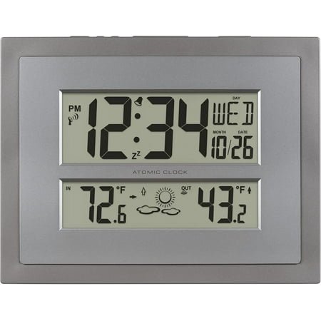 11-inch Gray/Silver Atomic Digital Wall Clock - Temperature & Forecast, 12/24H, Wireless Sensor, Indoor/Outdoor Readings, Easy-Mount Design