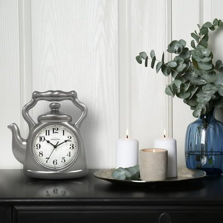11 Teapot Clock, Silent Non-Ticking, Modern Farmhouse Wall & Mantel Clock, Steel Silver , Home Decor