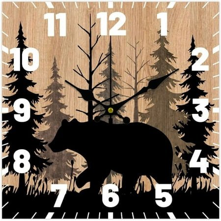 12inch Bear Wall Clock Silent Non-Ticking Clocks Forest Wildlife Wall Clocks Battery Operated Rustic Farmhouse Clock for Home Decor Living Room Kitchen Office