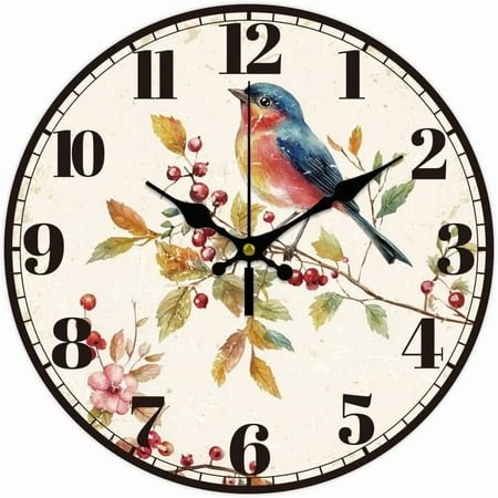 12inch Bird Wall Clock Berries Battery Operated Silent Non Ticking Flowers Round Decorative Clock for Office Home Kitchen Decor