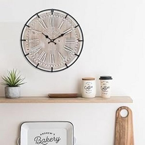 12 Inch Farmhouse Wall Clock Rustic Antique Wood with Metal Circle and Large Eng