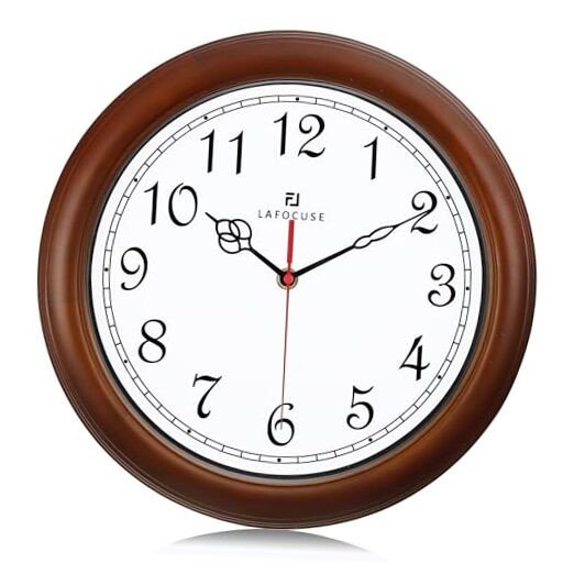 12 Inch Silent Brown Solid Wood Wall Clocks Battery Operated, Analog Classic