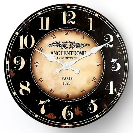 12 inch Vintage Wooden Wall Clock Silent Black Paris Decorative Wall Clock Retro Wood Wall Clocks for Living Room Office Kitchen