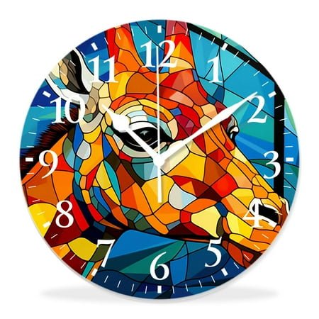 12 Inch Wall Clock Battery Operated Silent Clock Decorative for Office, Kitchen, Outdoor, Living Room，Abstract Geometric Rainbow Giraffe Stained Glass Style Elegant