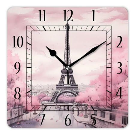 12 Inch Wall Clock Battery Operated Square Clock Decorative for Office, Kitchen, Outdoor, Living Room,Paris Eiffel Tower France Oil Painting Artwork Beautiful