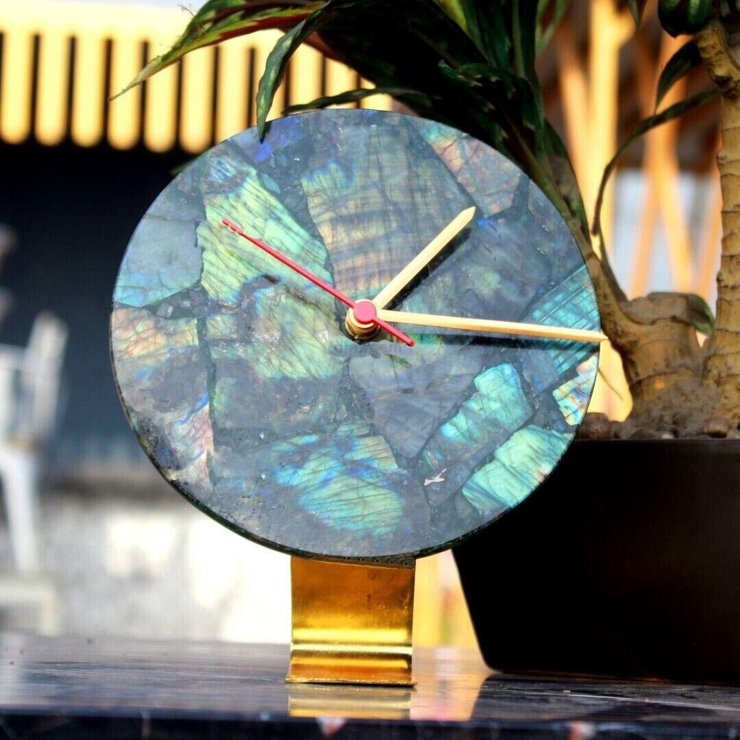 12"x12" Labradorite Wall Clock , Agate Modern Desk Clock , Boho Geode Clock Gift