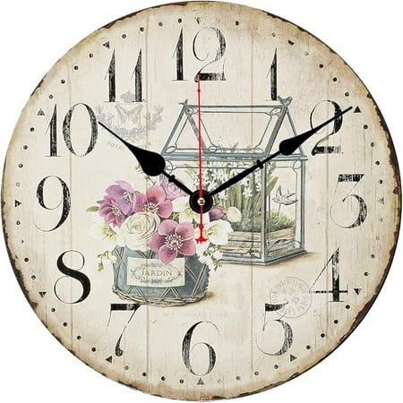 14 Inch Silent Non-Ticking Wall Clock, Big Arabic Numerals Wall Clocks, Butterfly and Flower Pattern Wooden Round Clock, Battery Operated Home Decor Hanging Clocks