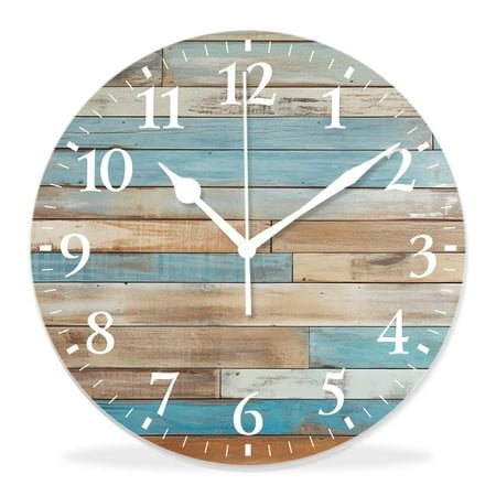 14 Inch Wall Clock Battery Operated Silent Clock Decorative for Office, Kitchen, Outdoor, Living Room，Vintage Teal Turquoise Wood Grain Elegant Pattern
