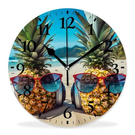 14 Inch Wall Clock Battery Operated Silent Clock Decorative for Office, Kitchen, Outdoor, Living Room，Tropical Funny Pineapple on Ocean Beach Exquisite
