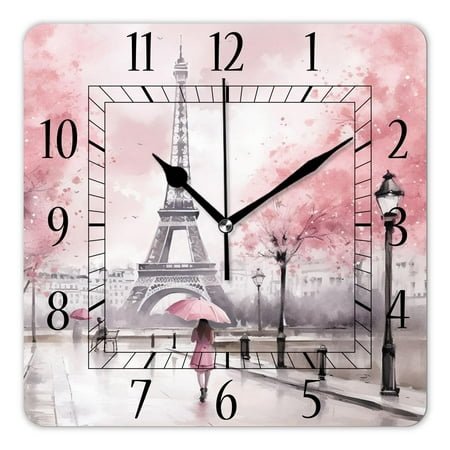 14 Inch Wall Clock Battery Operated Square Clock Decorative for Office, Kitchen, Outdoor, Living Room,Paris Eiffel Tower France Oil Painting Artwork Image