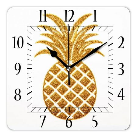 14 Inch Wall Clock Battery Operated Square Clock Decorative for Office, Kitchen, Outdoor, Living Room，Gold Pineapple Fruit White Summer Creative Pattern