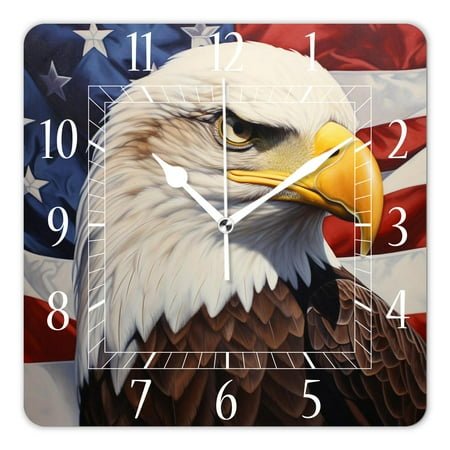 14 Inch Wall Clock Battery Operated Square Clock Decorative for Office, Kitchen, Outdoor, Living Room,Usa Flag American Bald Eagle Multicolor
