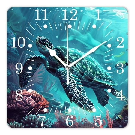 14 Inch Wall Clock Battery Operated Square Clock for Office, Kitchen, Outdoor, Living Room,Funny Sea Turtle Coral Reef Underwater World Fantastic