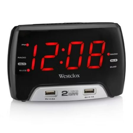 1.4 LED Display Alarm Clock with 2 USB Charging Ports/Digital Radio: Modern Table Clock with AM/FM Radio, Dual AAA Battery Backup