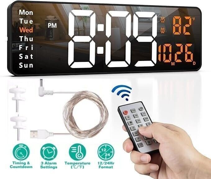 16" Digital LED Desk Alarm Clock Large LCD Display Wall Clock Remote Date Timer