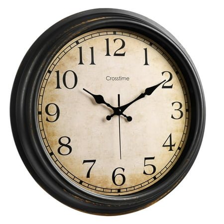 16 Inch Vintage Wall Clock for Living Room Kitchen Decor, Silent Non-Ticking Large Retro Clock with Bronze Face and Bold Numerals, Battery Operated, Black