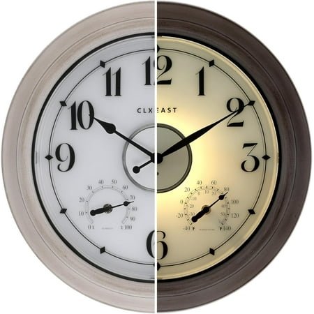 18 Inch Illuminated Outdoor Indoor Clocks with Smart Sensor,Modern Farmhouse Lighted Wall Clock with Temperature and Humidity for Patio, Garden Decor,Copper/Rose Gold Finish