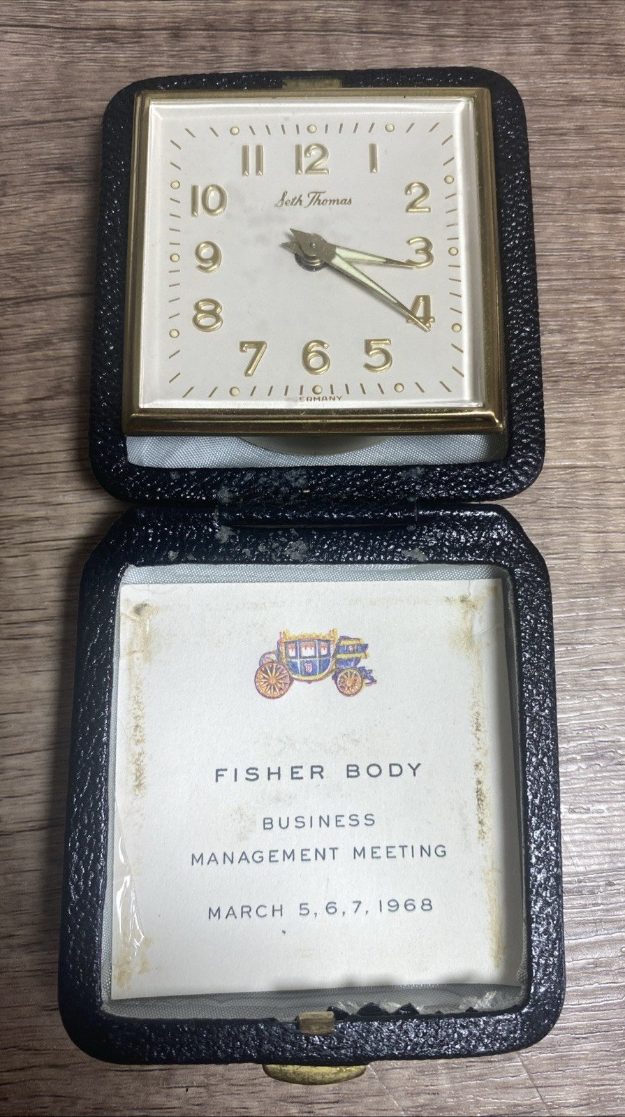 1960 Seth Thomas Japan Wind Up Travel Alarm Clock Fisher Body Original Box Case