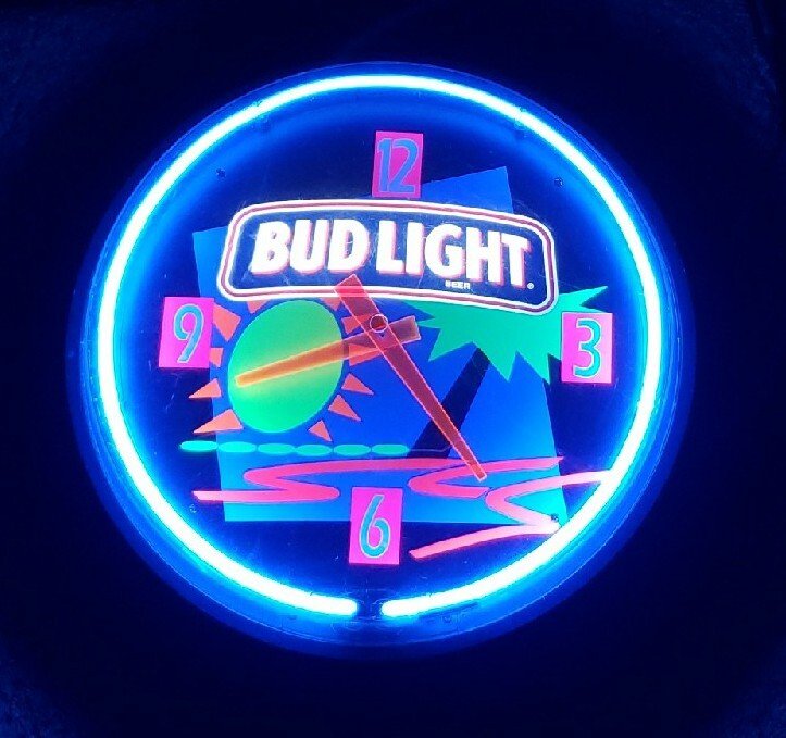 19" BUD LIGHT Neon Clock TROPICAL Design - by EVERBRITE Tested and Working 1994