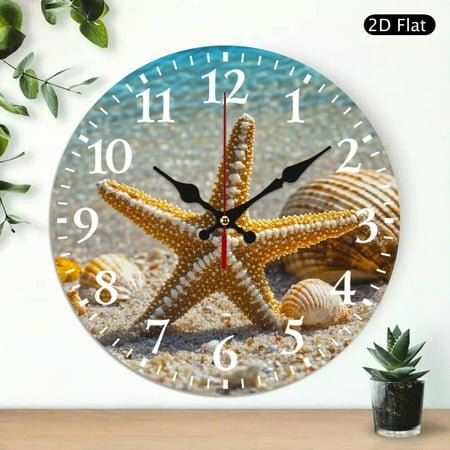 1pc starfish sea shell beach Theme Wooden Wall Clock, 10 inch Wall Clock Perfect for Living Room, Dorm, Bedroom, Kitchen, Home Office & More, Wall Clock Living Room