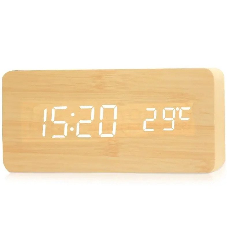 1pc Wooden Digital LED Alarm Clock with Temperature Display & 3 Alarms - NEW