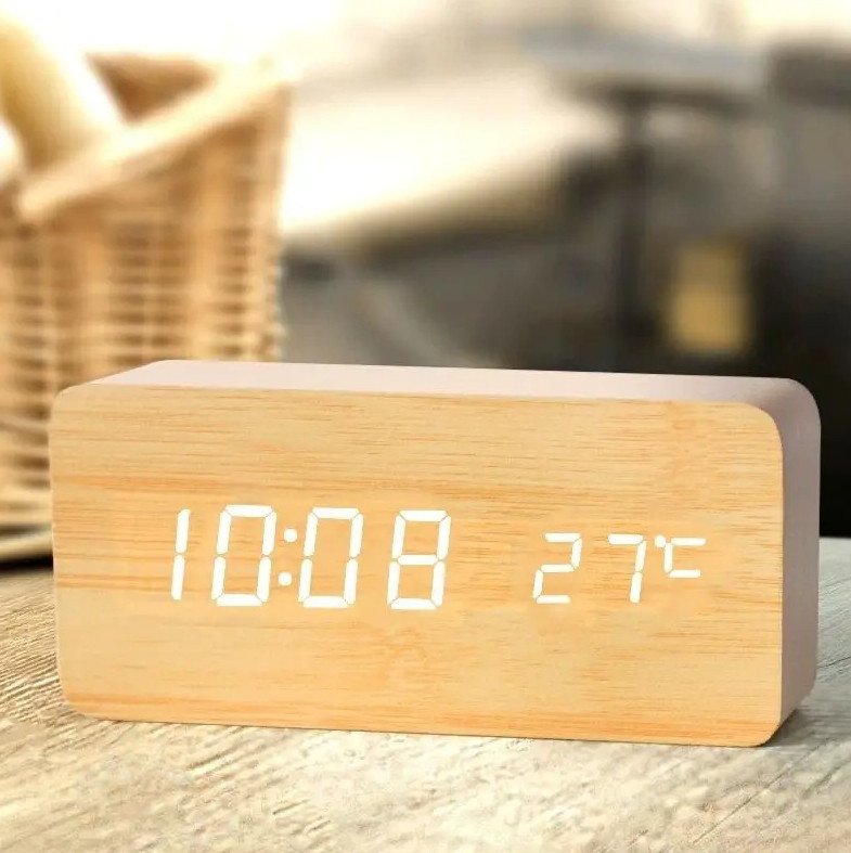 1pc Wooden Digital LED Alarm Clock with Temperature Display & 3 Alarms - NEW