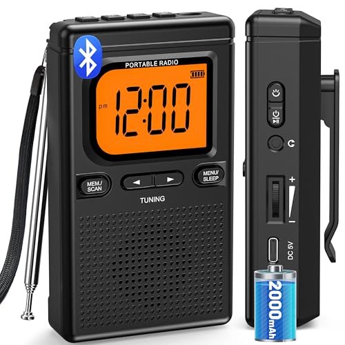 2000mAh Rechargeable AM FM Radio with Bluetooth Portable Transistor Pocket Radio with Digital Tuning, Flashlight,LCD Screen,Earphone Jack, Sleep Timer and Alarm Clock for Jogging
