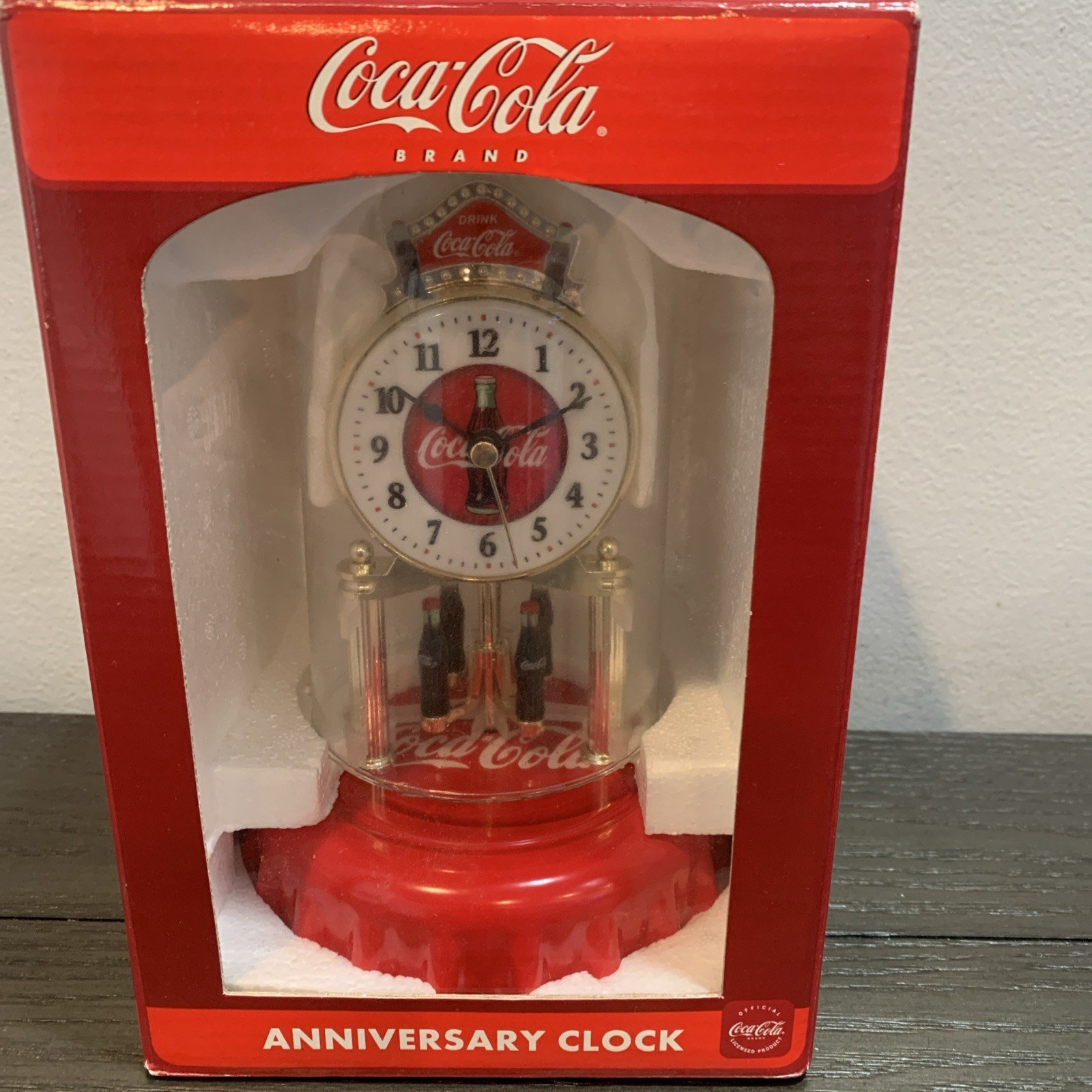 2002 COCA COLA ANNIVERSARY CLOCK WITH GLASS DOME AND ROTATING PENDULUM DINER NOS