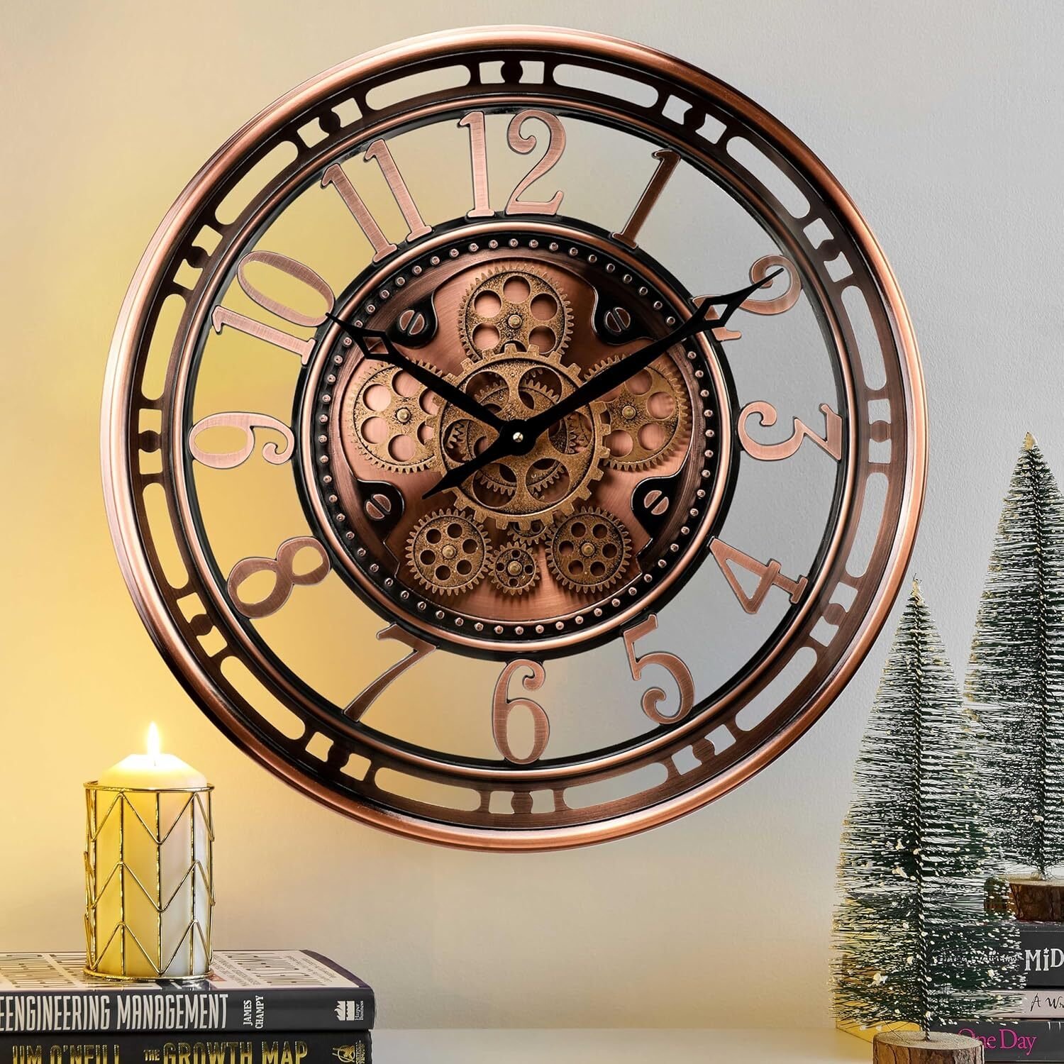 21 Inch Moving Gear Wall Clock Industrial Steampunk Metal Copper Finish Decor