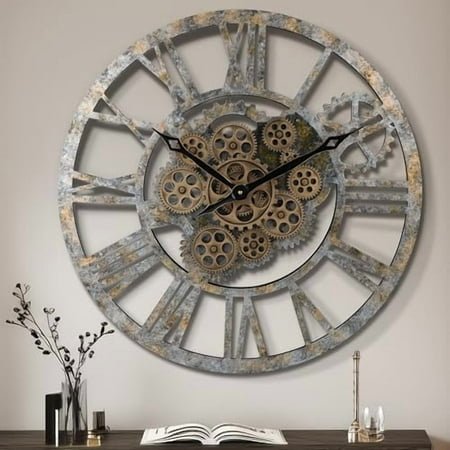 23 Inch Real Moving Gear Wall Clock, Steampunk Wooden Large Wall Clock for Living Room Decor, Farmhouse