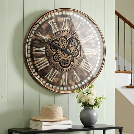 24'' Extra Large Farmhouse Wall Clock, Vintage Wall Clock with Real Moving Gears/Metal Frame for Living Room, Dining Room, Bedroom, Office Decor. (Antique Brass Gold)