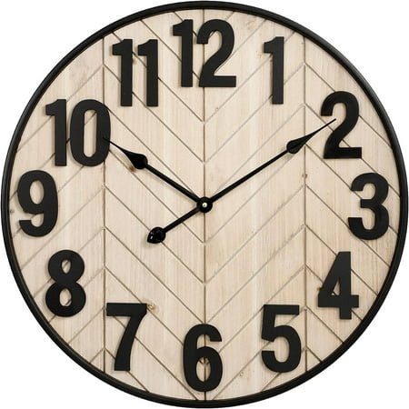 24 Inch Large Wall Clock for Living Room Decor, Rustic Wooden Farmhouse Wall Clock with Black Metal Frame, Battery Operated Non-Ticking Silent Wall Clocks for Home Decor (Brown)
